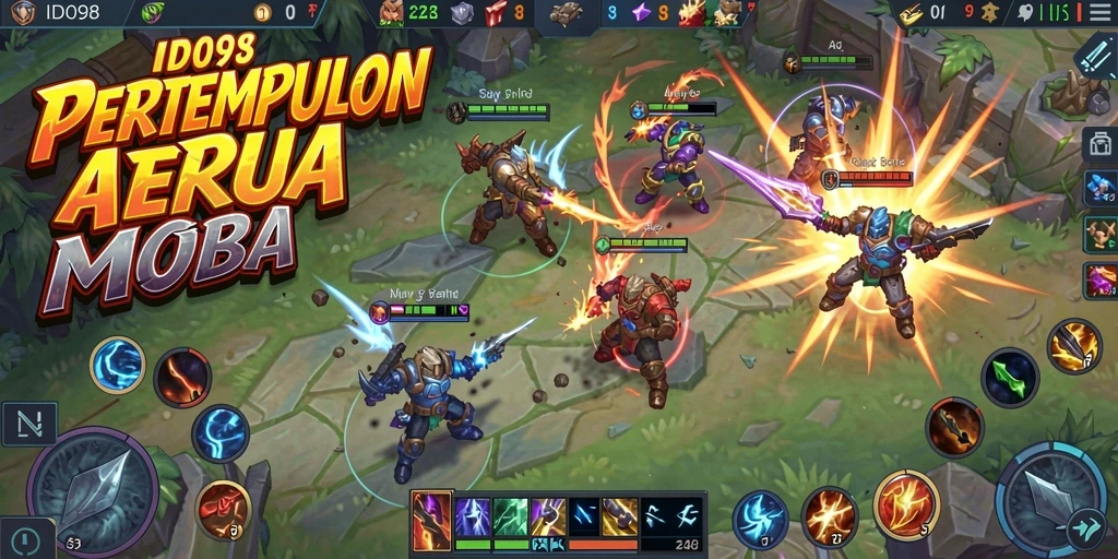 Tampilan seru pertempuran tim dalam game MOBA.