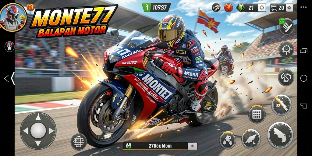 Tampilan gameplay balapan motor yang mendebarkan di MONTE77.