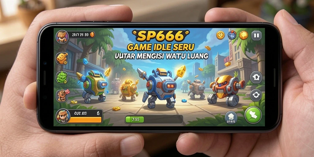 Screenshot gameplay SP666 menampilkan karakter yang aktif mengumpulkan sumber daya di dunia Idle.