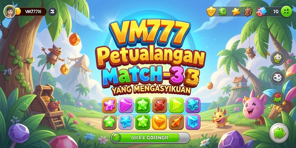 Screenshot VM777 menampilkan gameplay Match-3 yang seru dan penuh warna.